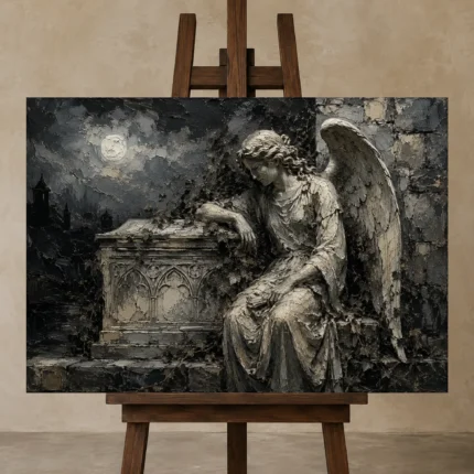 Charcoal & Ivory Angel Statue Gothic Wall Art Canvas Print shown in Studio Easel