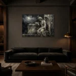 Charcoal & Ivory Angel Statue Gothic Wall Art Canvas Print shown in a warm modern interior