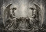 Pale Smoke & Ivory Twin Angel Statue Gothic Wall Art Canvas Print