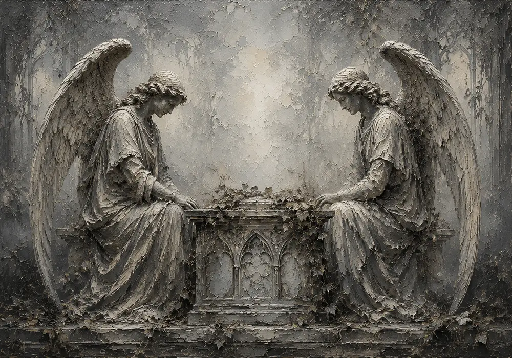 Pale Smoke & Ivory Twin Angel Statue Gothic Wall Art Canvas Print