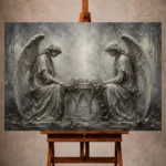 Pale smoke and ivory Angel Statue Wall Art print for elegant interiors. No text or watermarks in design.