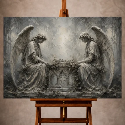 Pale smoke and ivory Angel Statue Wall Art print for elegant interiors. No text or watermarks in design.