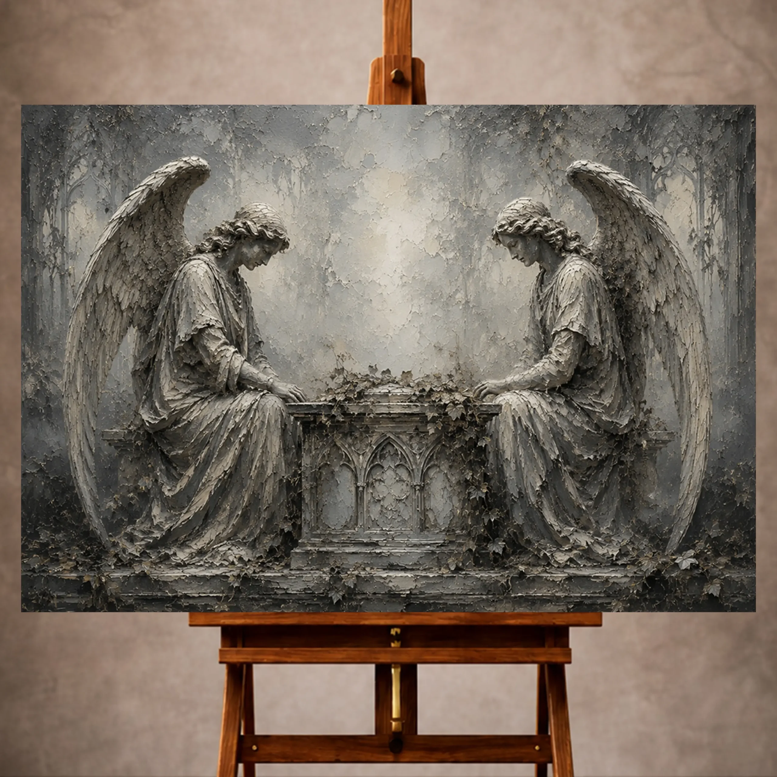 Premium Wall Art Yatay Html Edition – GOTICWALL060 Image 1 Pale smoke and ivory Angel Statue Wall Art print for elegant interiors. No text or watermarks in design.