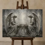 Pale Smoke & Ivory Twin Angel Statue Gothic Wall Art Canvas Print displayed on a studio easel