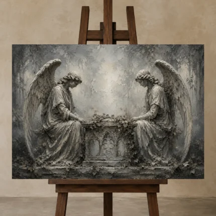 Pale Smoke & Ivory Twin Angel Statue Gothic Wall Art Canvas Print displayed on a studio easel