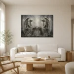Pale Smoke & Ivory Twin Angel Statue Gothic Wall Art Canvas Print styled in a refined neutral interior
