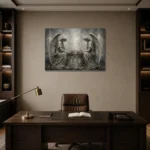 Pale Smoke & Ivory Twin Angel Statue Gothic Wall Art Canvas Print displayed in a contemporary gallery-inspired room