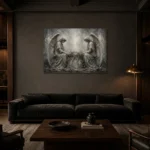 Pale Smoke & Ivory Twin Angel Statue Gothic Wall Art Canvas Print shown in a warm modern interior