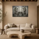 Pale Smoke & Ivory Twin Angel Statue Gothic Wall Art Canvas Print presented in a sophisticated home setting