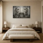 Pale Smoke & Ivory Twin Angel Statue Gothic Wall Art Canvas Print showcased in an elegant minimalist interior