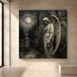 Soft charcoal and ivory Angel Statue Wall Art print for elegant interiors. No text or watermarks in design.
