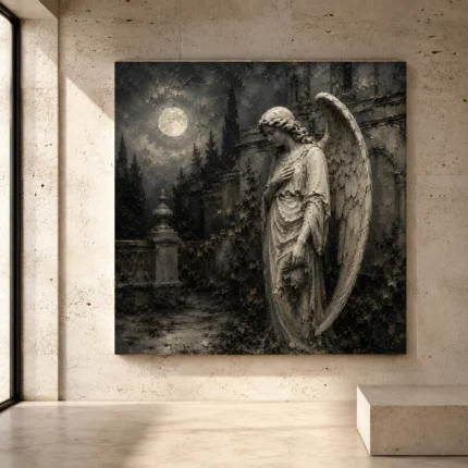 Soft charcoal and ivory Angel Statue Wall Art print for elegant interiors. No text or watermarks in design.