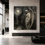 Soft Charcoal & Ivory Angel Statue Gothic Wall Art Canvas Print - Image 3