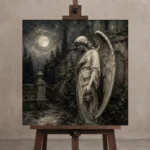 Soft Charcoal & Ivory Angel Statue Gothic Wall Art Canvas Print displayed on a studio easel