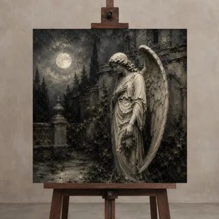 Soft Charcoal & Ivory Angel Statue Gothic Wall Art Canvas Print displayed on a studio easel