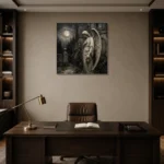 Soft Charcoal & Ivory Angel Statue Gothic Wall Art Canvas Print displayed in a contemporary gallery-inspired room