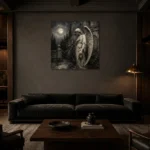 Soft Charcoal & Ivory Angel Statue Gothic Wall Art Canvas Print shown in a warm modern interior