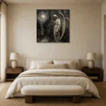 Soft Charcoal & Ivory Angel Statue Gothic Wall Art Canvas Print showcased in an elegant minimalist interior