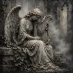 Stone Gray & Silver Harp Angel Statue Gothic Wall Art Canvas Print
