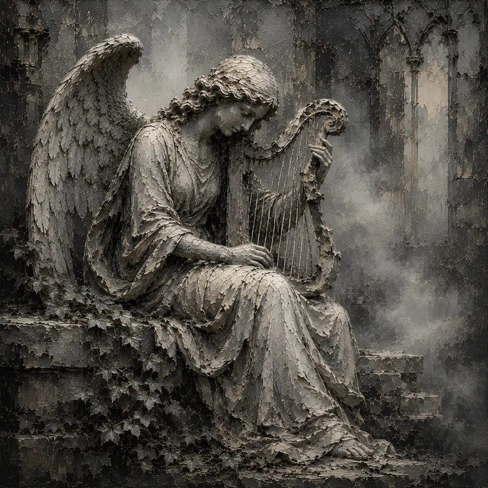 Stone Gray & Silver Harp Angel Statue Gothic Wall Art Canvas Print