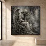 Stone gray and silver Angel Statue Wall Art print for elegant interiors. No text or watermarks in design.
