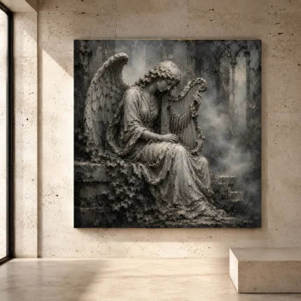 Stone gray and silver Angel Statue Wall Art print for elegant interiors. No text or watermarks in design.