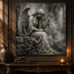 Stone Gray & Silver Harp Angel Statue Gothic Wall Art Canvas Print - Image 2