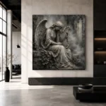 Stone Gray & Silver Harp Angel Statue Gothic Wall Art Canvas Print - Image 3