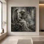 Stone Gray & Silver Harp Angel Statue Gothic Wall Art Canvas Print - Image 4