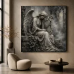 Stone Gray & Silver Harp Angel Statue Gothic Wall Art Canvas Print - Image 5