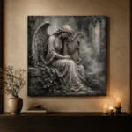 Stone Gray & Silver Harp Angel Statue Gothic Wall Art Canvas Print - Image 6