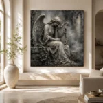 Stone Gray & Silver Harp Angel Statue Gothic Wall Art Canvas Print - Image 8