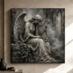 Stone Gray & Silver Harp Angel Statue Gothic Wall Art Canvas Print - Image 9