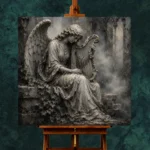 Stone Gray & Silver Harp Angel Statue Gothic Wall Art Canvas Print - Image 11