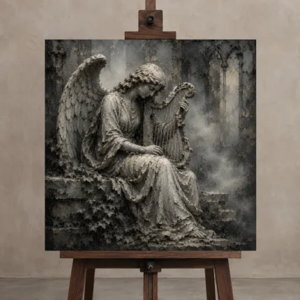Stone Gray & Silver Harp Angel Statue Gothic Wall Art Canvas Print displayed on a studio easel