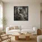 Stone Gray & Silver Harp Angel Statue Gothic Wall Art Canvas Print styled in a refined neutral interior