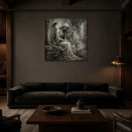 Stone Gray & Silver Harp Angel Statue Gothic Wall Art Canvas Print shown in a warm modern interior