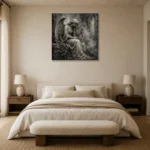 Stone Gray & Silver Harp Angel Statue Gothic Wall Art Canvas Print showcased in an elegant minimalist interior