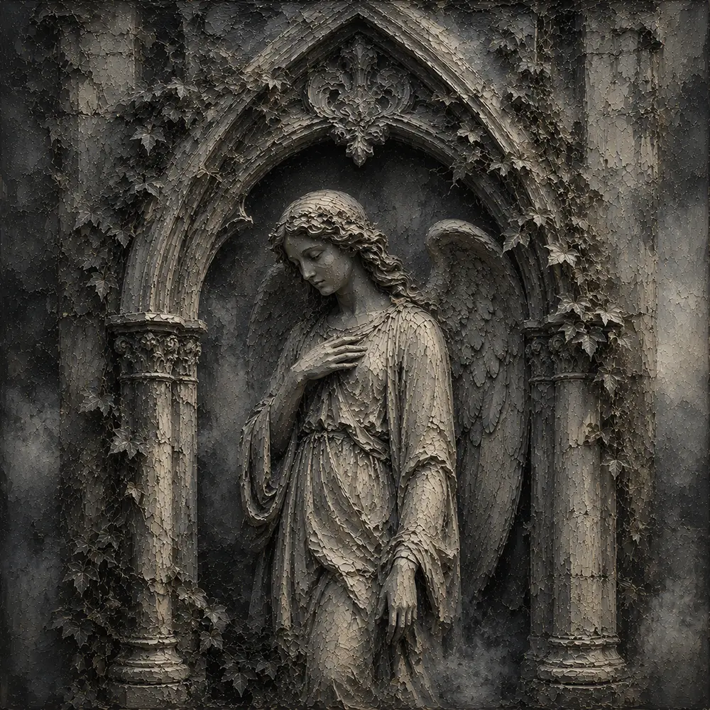 Stone Smoke & Ivory Ivy Angel Statue Gothic Wall Art Canvas Print