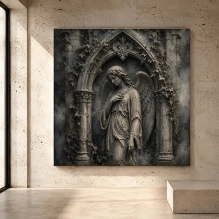 Stone smoke and ivory Angel Statue Wall Art print for elegant interiors. No text or watermarks in design.