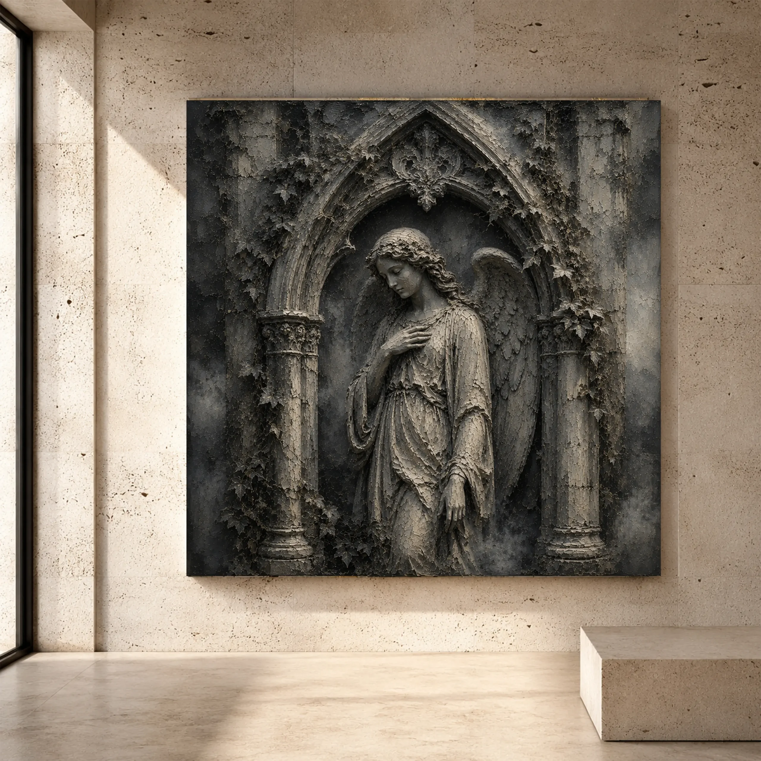 Premium Wall Art Kare Html Edition – GOTICWALL063 Image 1 Stone smoke and ivory Angel Statue Wall Art print for elegant interiors. No text or watermarks in design.