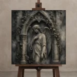 Stone Smoke & Ivory Ivy Angel Statue Gothic Wall Art Canvas Print displayed on a studio easel