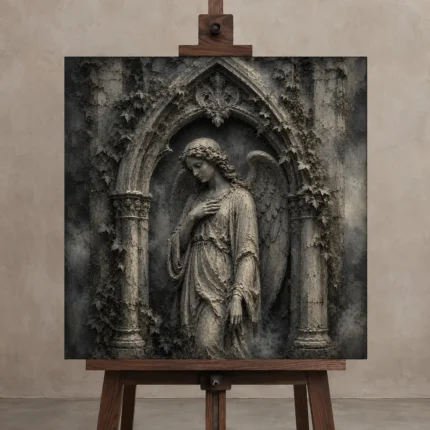 Stone Smoke & Ivory Ivy Angel Statue Gothic Wall Art Canvas Print displayed on a studio easel