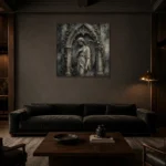 Stone Smoke & Ivory Ivy Angel Statue Gothic Wall Art Canvas Print shown in a warm modern interior