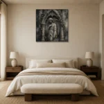 Stone Smoke & Ivory Ivy Angel Statue Gothic Wall Art Canvas Print showcased in an elegant minimalist interior