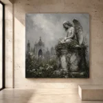 Weathered stone Angel Statue Wall Art print for elegant interiors. No text or watermarks in design.