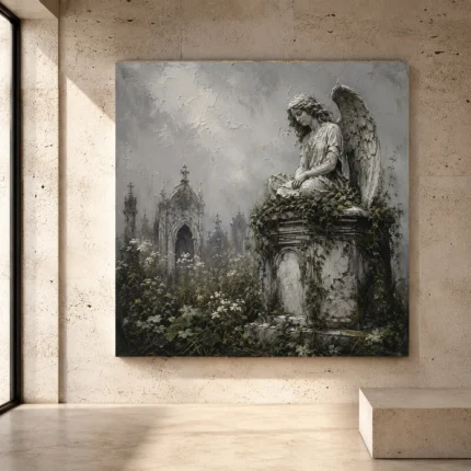 Weathered stone Angel Statue Wall Art print for elegant interiors. No text or watermarks in design.