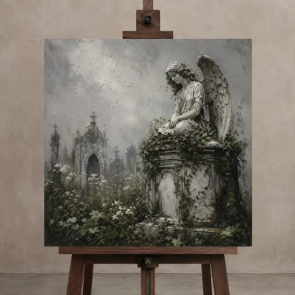 Weathered Stone Angel Statue Gothic Wall Art Canvas Print displayed on a studio easel