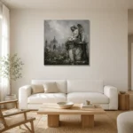 Weathered Stone Angel Statue Gothic Wall Art Canvas Print styled in a refined neutral interior