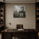 Weathered Stone Angel Statue Gothic Wall Art Canvas Print displayed in a contemporary gallery-inspired room